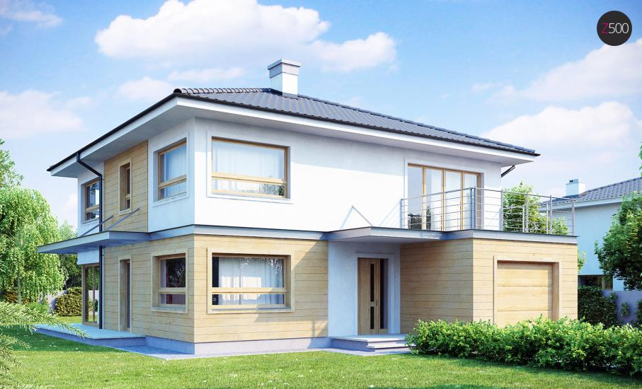 Двухэтажный дом с гаражом для двух автомобилей удлиненной формы